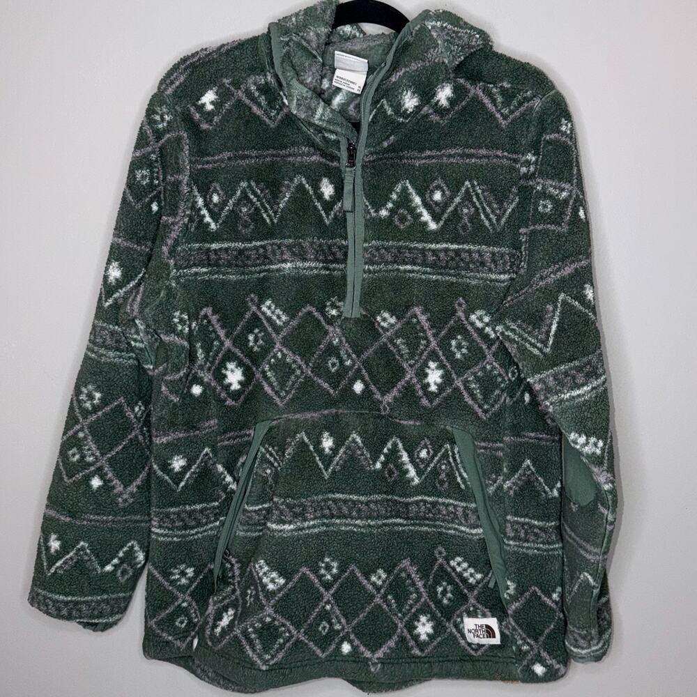 The North Face Campshire Womens XL Green White Fleece 1/4 Zip Hooded Pullover